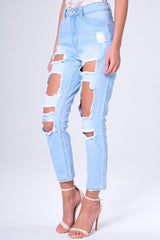 Blue Light Wash Ripped Thigh Detail Mom Jeans - Ashleigh