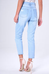 Blue Light Wash Ripped Thigh Detail Mom Jeans - Ashleigh
