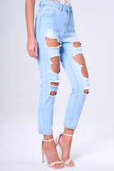 Blue Light Wash Ripped Thigh Detail Mom Jeans - Ashleigh