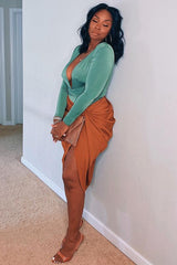 Khaki Plunging Wrap Middle Bodysuit - Ivyrose