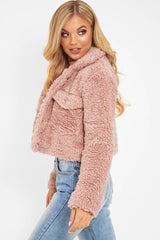 Dusky Pink Cropped Borg Popper Button Coat - Ezmerelda