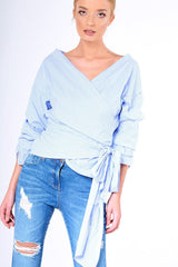 Blue Stripe Wrap Around Tie Waist Top - Rhona
