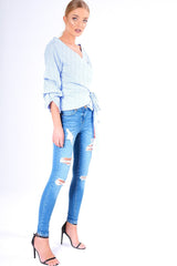 Blue Stripe Wrap Around Tie Waist Top - Rhona
