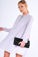 Grey Pleated Tie Neck Long Sleeve Swing Dress - Nickie