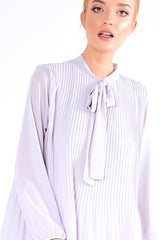 Grey Pleated Tie Neck Long Sleeve Swing Dress - Nickie