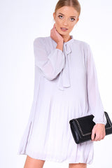 Grey Pleated Tie Neck Long Sleeve Swing Dress - Nickie