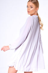 Grey Pleated Tie Neck Long Sleeve Swing Dress - Nickie
