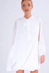 White Pleated Tie Neck Long Sleeve Swing Dress - Nickie