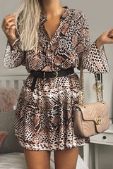 Nude Snake Print Plunge Flute Sleeve Shift Dress - Olesya