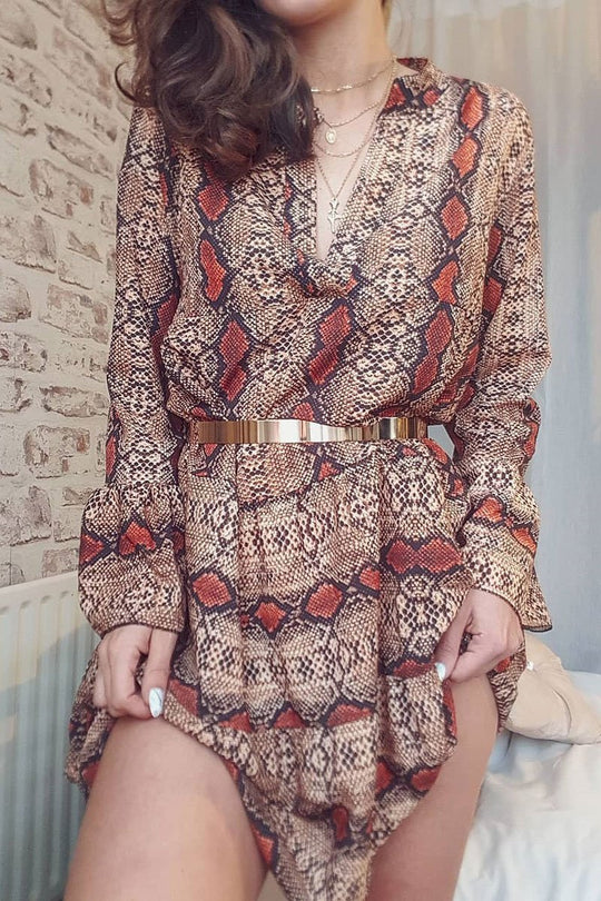 Brown And Red Snake Print Plunge Flute Sleeve Shift Dress - Olesya