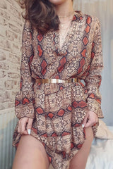Brown And Red Snake Print Plunge Flute Sleeve Shift Dress - Olesya