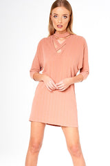Pink Ribbed Choker Cross Strap Mini Dress - Meghann
