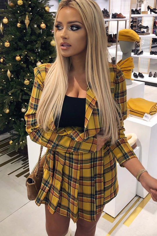 Yellow Tartan Crop Blazer Pleated Skirt Co-Ord - Holly