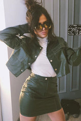 Khaki Faux Leather Contrast Stitch Trucker Jacket- Laianna