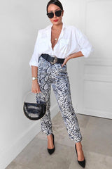 Grey Snake Print Tie Waist Cuffed Trousers - Annica