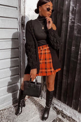 Orange Tartan Button Front Pleated Skirt - Laela