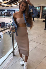 Nude Knitted Bandeau And Skirt Co-Ord - Sidra