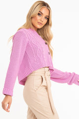 Pink Chunky Knit Button Up Crop Cardigan - Elly