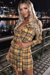 Yellow Tartan Crop Blazer Pleated Skirt Co-Ord - Holly
