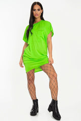 Neon Green Oversized Pocket Front Midi T-Shirt Dress - Whitney
