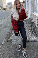 Wine Fluffy Long Sleeve Crop Jumper - Noura