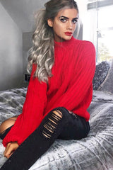 Red Knit High Neck Jumper - Jaelynn