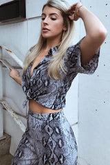 Grey Snake Print High Waisted Flare Trousers And Shirt Co-ord - Colynn