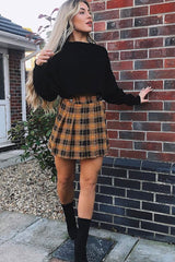 Mustard Check Button Front Pleated Skirt - Laela