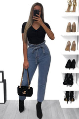 Light Wash Blue Denim Tie Waist Paperbag Jeans - Lylee