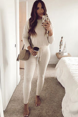 Beige Fine Cable Knit Loungewear Set - Lizette
