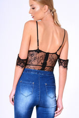 Black Lace Strappy Bardot Strap Bodysuit - Reanne