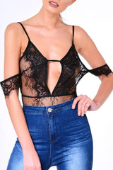 Black Lace Strappy Bardot Strap Bodysuit - Reanne