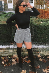 Black White Houndstooth Paper Bag Waist Shorts - Rhyla