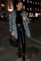Grey Shaggy Faux Fur Coat - Evalina