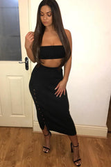Black Knitted Bandeau And Skirt Co-Ord - Sidra