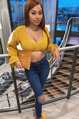 Mustard Plunge Sleeve Detail Crop Jumper - Ivree