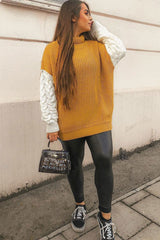 Mustard Cable Knit Colour Block Jumper - Evren