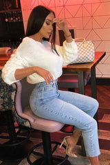 Cream Chunky Knit Sleeve Detail Cropped Jumper - Danyela