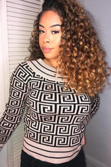 Camel Aztec Print Rib Detail Crop Jumper - Khaila