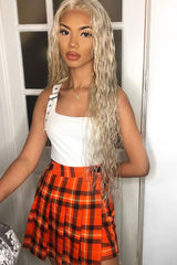 Orange Tartan Button Front Pleated Skirt - Laela