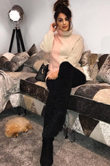 Pink Beige Colour Block Roll Neck Jumper - Milie