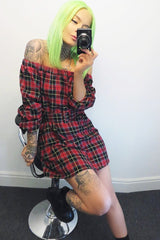 Red Tartan Belted Bardot Dress - Deondra