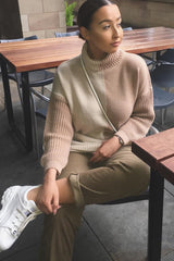 Pink Beige Colour Block Roll Neck Jumper - Milie