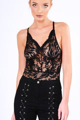 Black Sheer Lace Strappy Bodysuit - Rozina