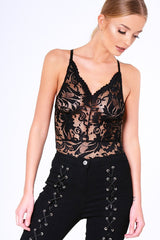 Black Sheer Lace Strappy Bodysuit - Rozina