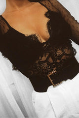 Black Dobby Mesh Low Cut Bodysuit - Tamara