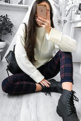 Navy Check High Waist Slim Fit Trousers - Sashya