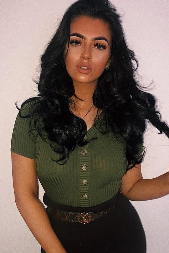 Khaki Button Front Short Sleeved Bodysuit - Danai