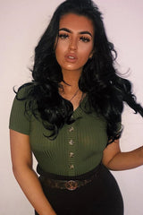 Khaki Button Front Short Sleeved Bodysuit - Danai