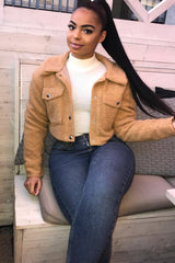 Tan Cropped Borg Trucker Jacket - Aarohi